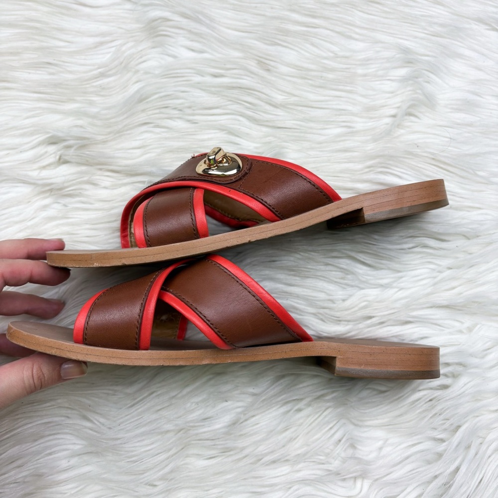 Coach Coral Turnlock Leather Slides Criss Cross Sandals Brown Orange Size 7.5 - Picture 5 of 8